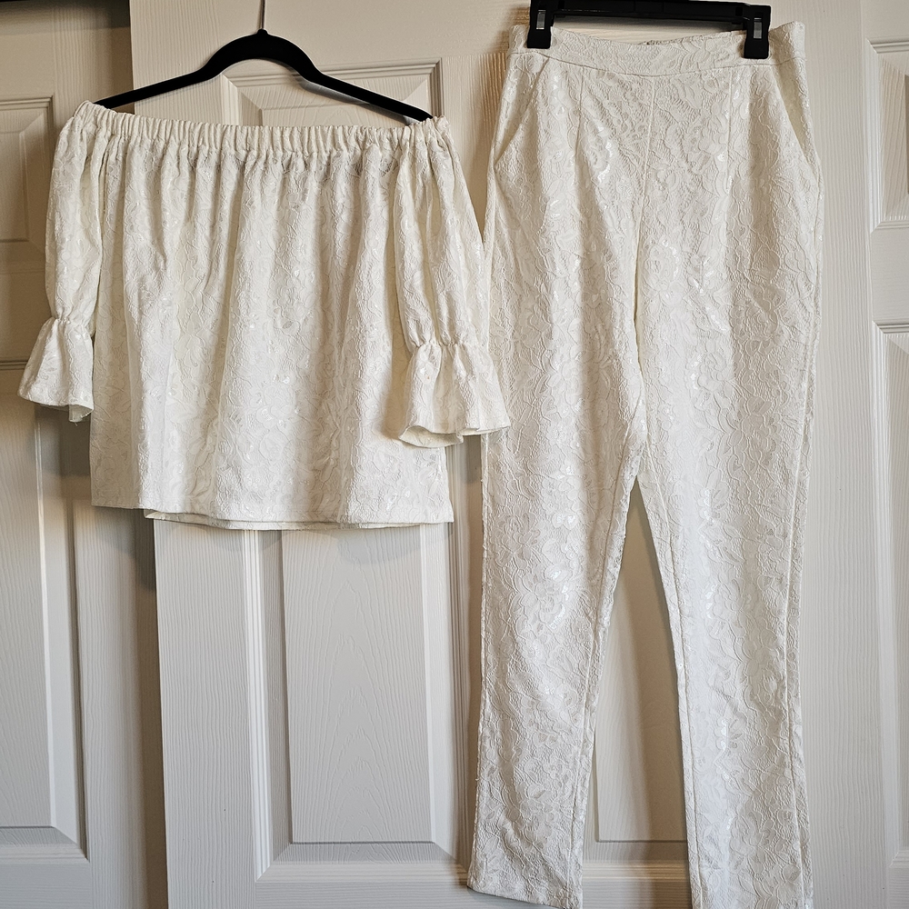 White Off-Shoulder Top and Pants Set